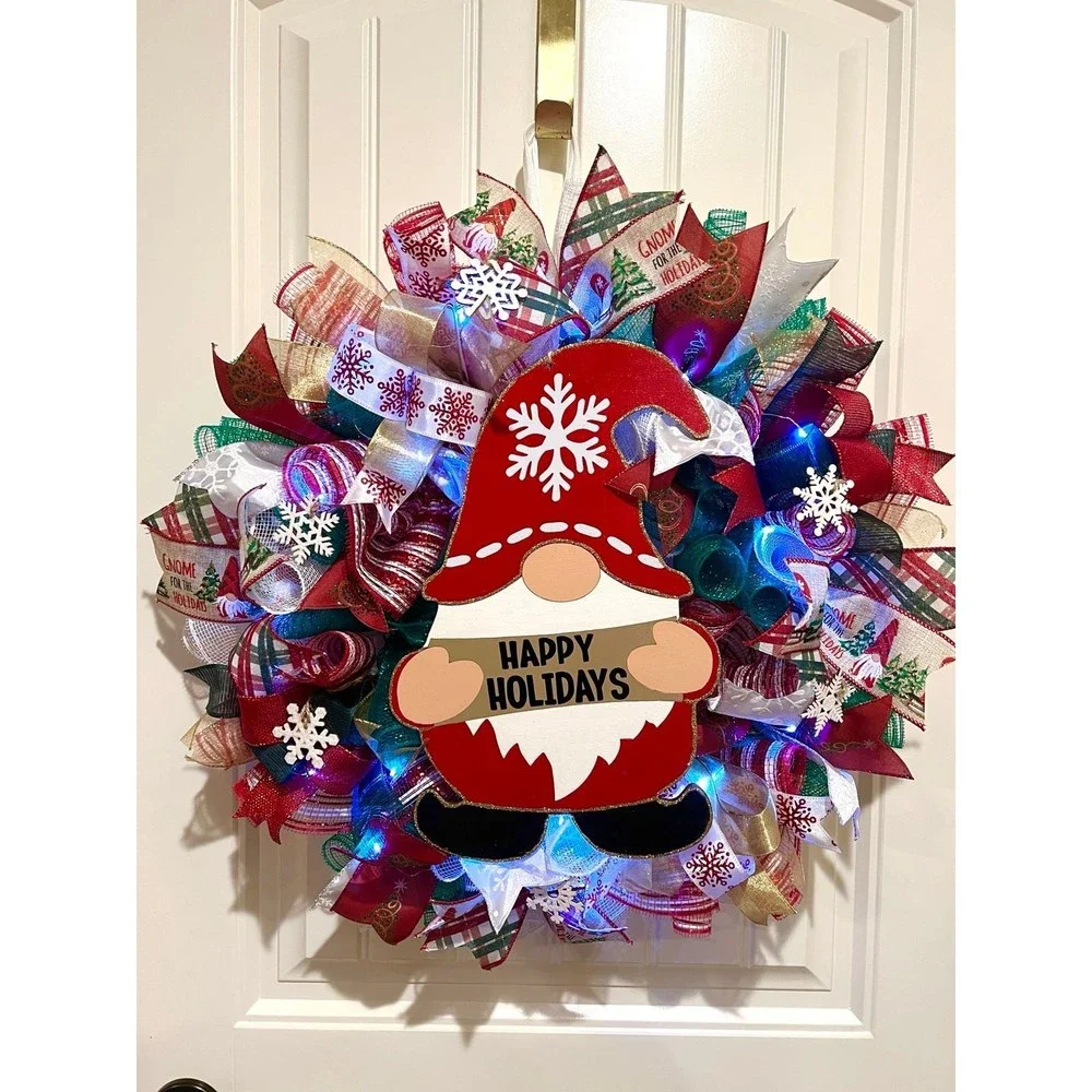Christmas Snowflake Gnome Holiday Ribbon Door Wreath Handmade 22 ins LED W7